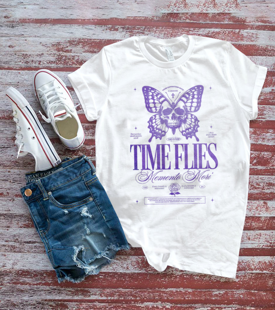 TIME FLIES Memento Mori Butterfly Skull T-Shirt
