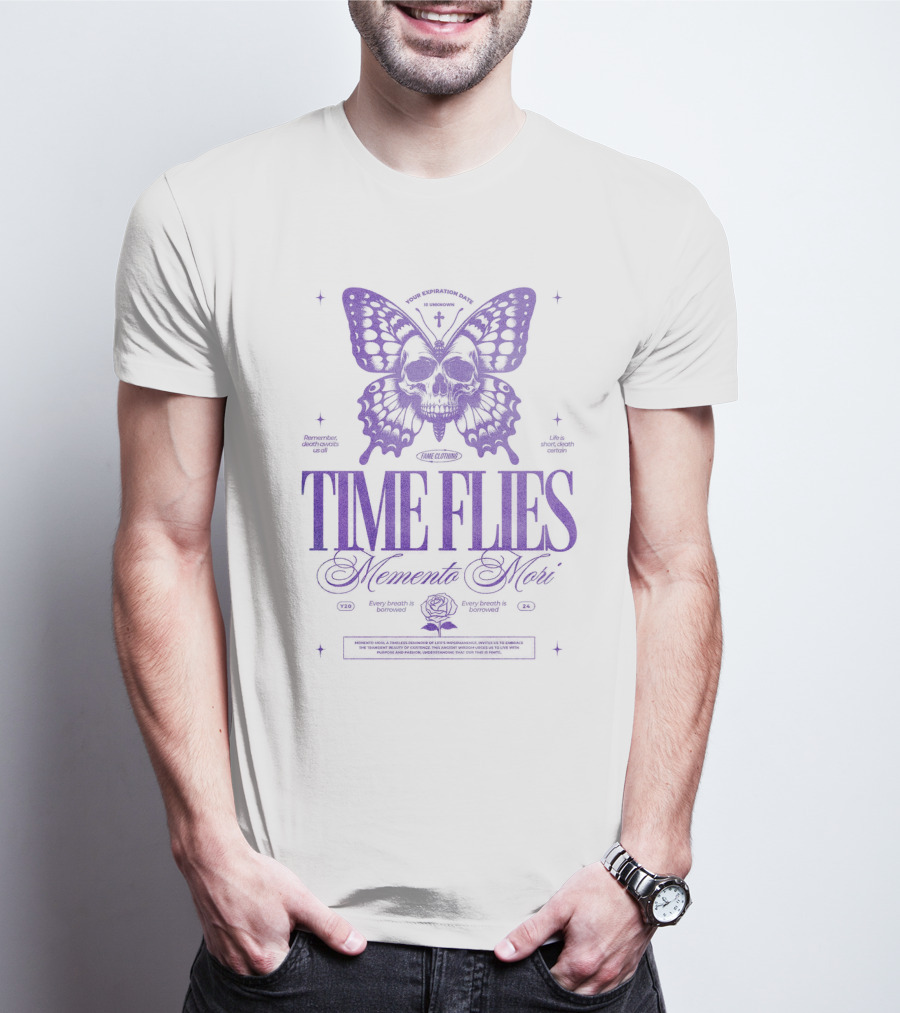 TIME FLIES Memento Mori Butterfly Skull T-Shirt