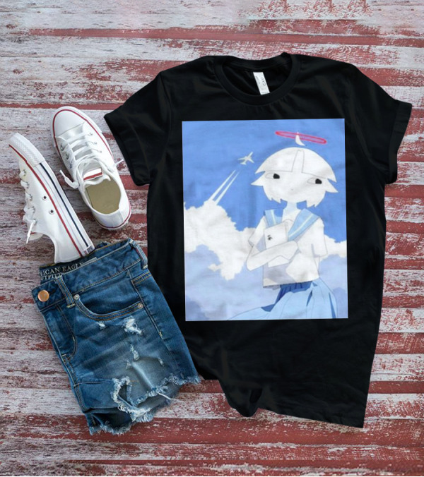 Chew’s District Clowdy Angelic Character Holding Notebook In Blue Sky With Airplane T-Shirt
