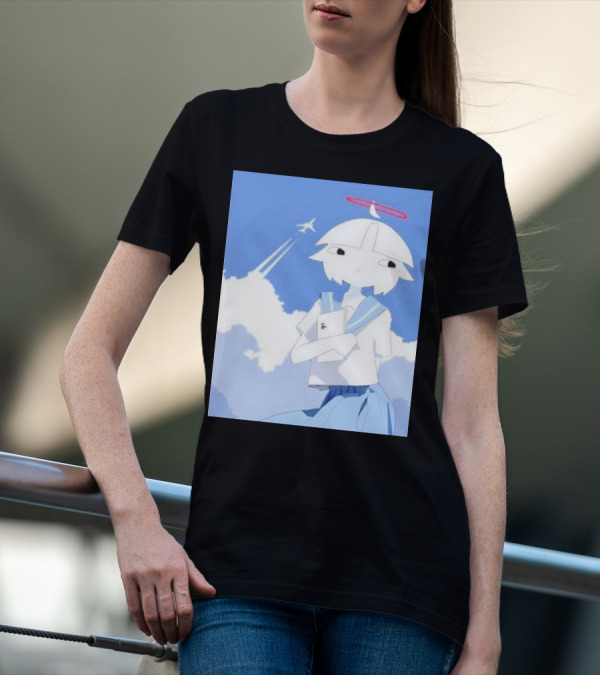 Chew’s District Clowdy Angelic Character Holding Notebook In Blue Sky With Airplane T-Shirt