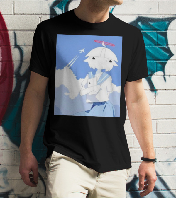 Chew’s District Clowdy Angelic Character Holding Notebook In Blue Sky With Airplane T-Shirt