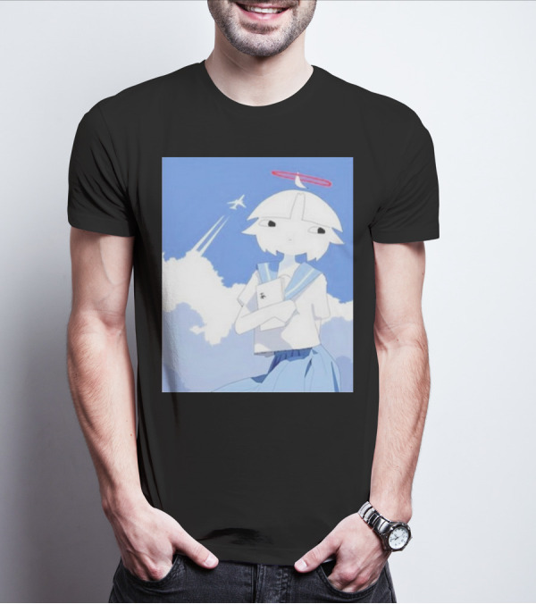 Chew’s District Clowdy Angelic Character Holding Notebook In Blue Sky With Airplane T-Shirt