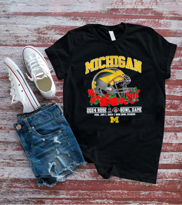 Michigan Football 2024 Rose Bowl Game Mon Jan 1 Rose Bowl Stadium Helmet Roses T-Shirt