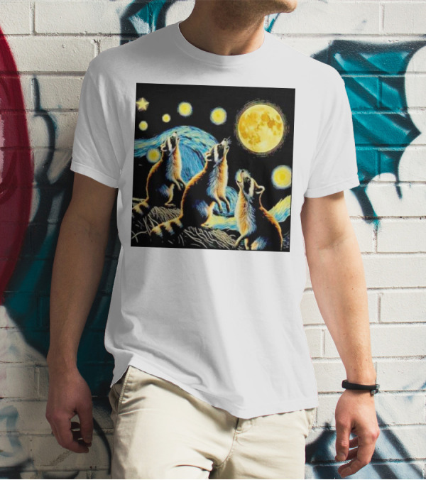 Raccoons Howling At Full Moon Starry Night Trash Pandas T-Shirt