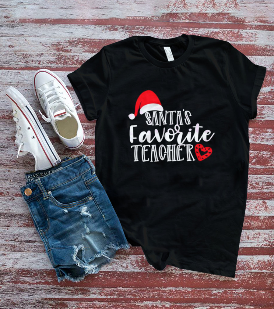 Santa's Favorite Teacher Christmas Red Heart Santa Hat T-Shirt