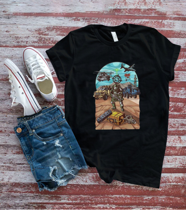 Stodeh Wearing Final Exfil Tactical Gear With Military Vehicles And Aircraft In Desert Scene T-Shirt