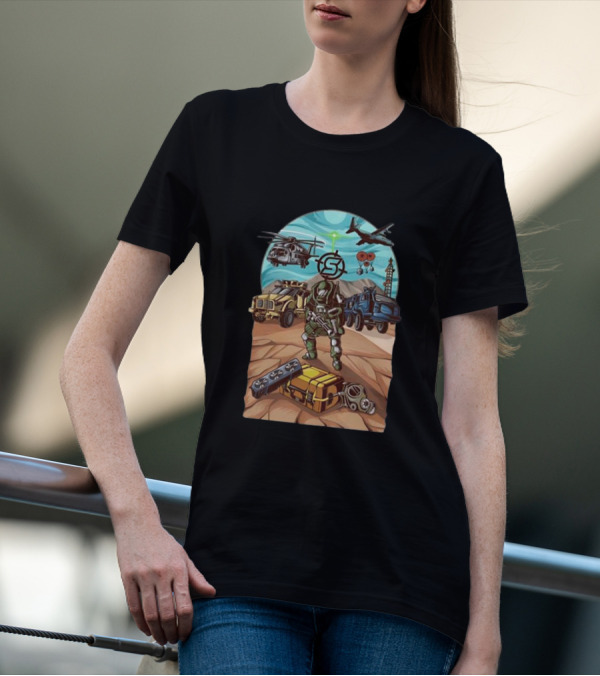 Stodeh Wearing Final Exfil Tactical Gear With Military Vehicles And Aircraft In Desert Scene T-Shirt