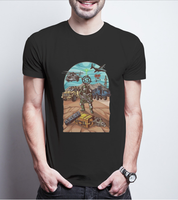 Stodeh Wearing Final Exfil Tactical Gear With Military Vehicles And Aircraft In Desert Scene T-Shirt