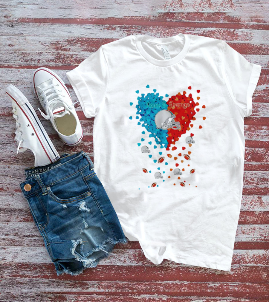 Miami Dolphins Aqua And Orange Heart With Football Helmets And Hearts T-Shirt