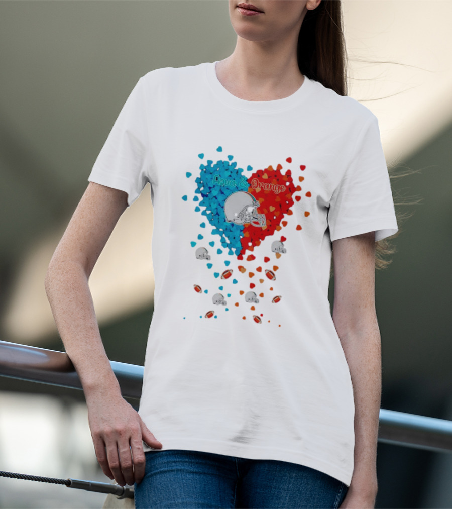 Miami Dolphins Aqua And Orange Heart With Football Helmets And Hearts T-Shirt