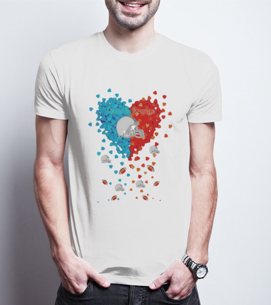 Miami Dolphins Aqua And Orange Heart With Football Helmets And Hearts T-Shirt