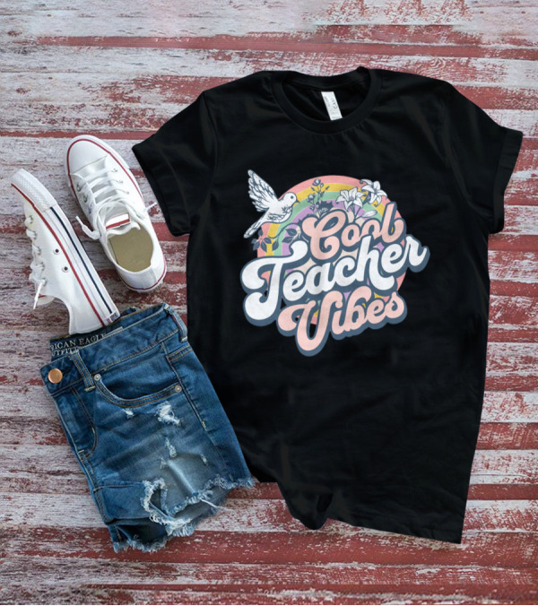 Cool Teacher Vibes Retro Rainbow Floral Design With Dove T-Shirt