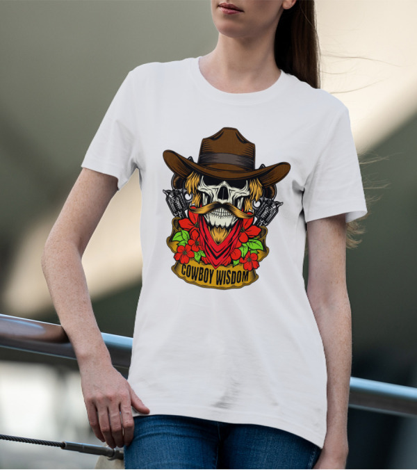 Cowboy Wisdom Skull Western Skeleton Bandana Pistols Flowers T-Shirt