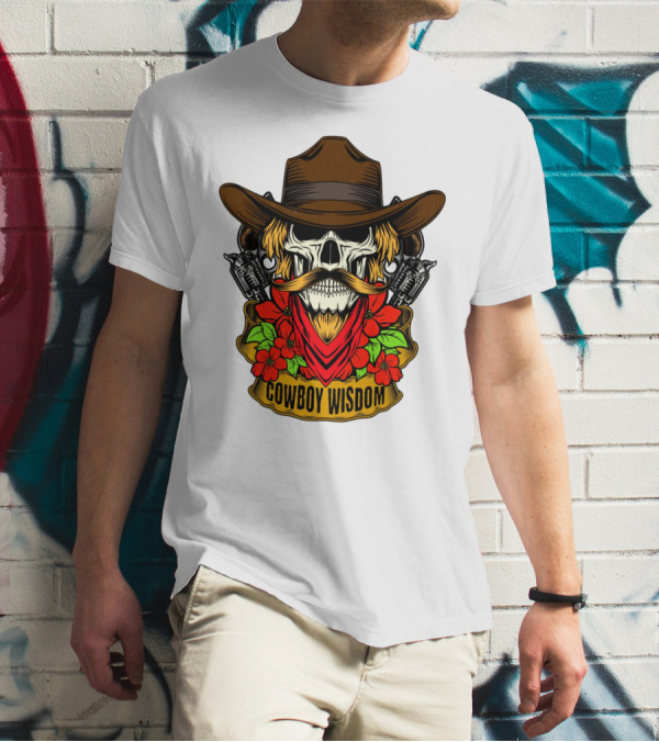 Cowboy Wisdom Skull Western Skeleton Bandana Pistols Flowers T-Shirt