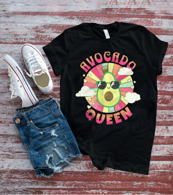 Kawaii Avocado Queen Retro Rainbow Sunburst With Clouds And Sunglasses T-Shirt
