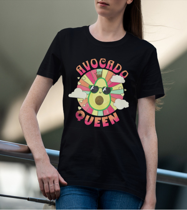 Kawaii Avocado Queen Retro Rainbow Sunburst With Clouds And Sunglasses T-Shirt