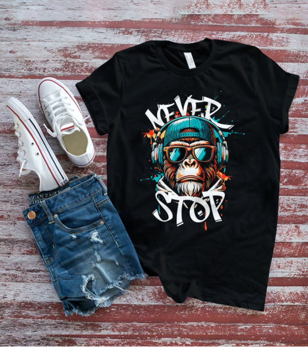 Never Stop Headphones Monkey With Sunglasses And Cap T-Shirt