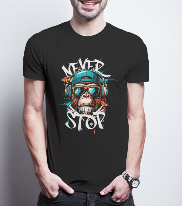 Never Stop Headphones Monkey With Sunglasses And Cap T-Shirt