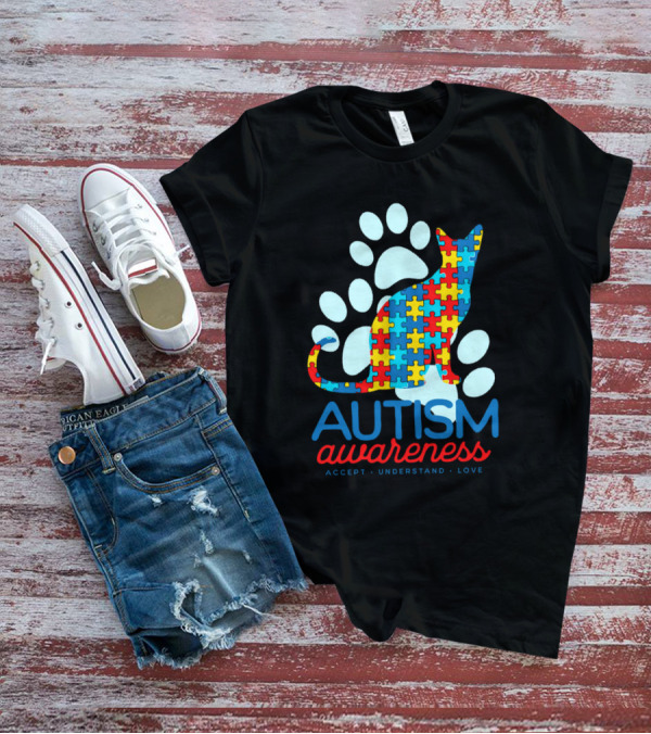 Autism Awareness Accept Understand Love Puzzle Cat Paw T-Shirt