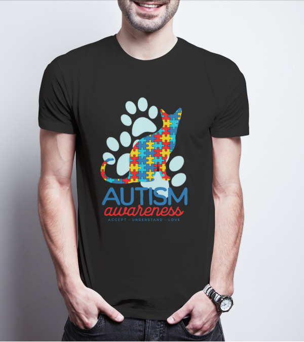 Autism Awareness Accept Understand Love Puzzle Cat Paw T-Shirt