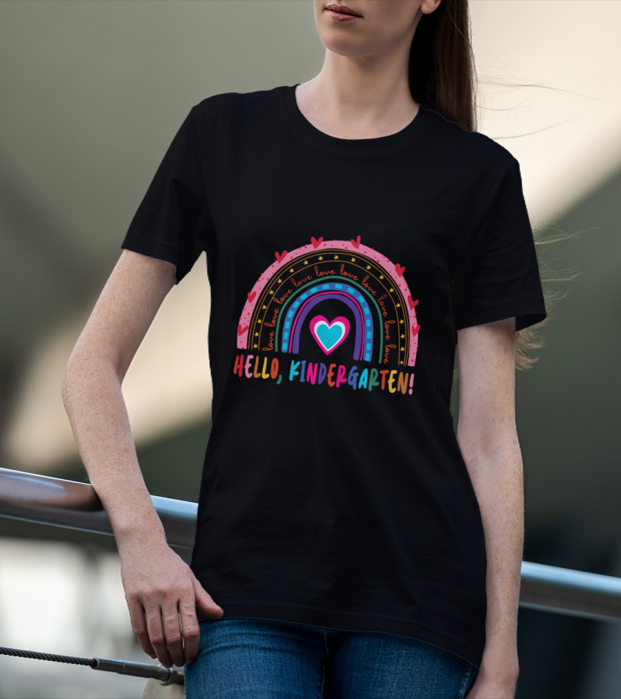Hello Kindergarten Love Rainbow Hearts Back To School T-Shirt