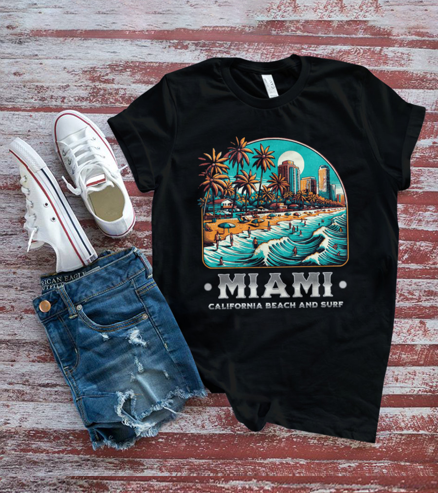 Miami Beach And Surf California Palm Skyline Ocean Waves T-Shirt