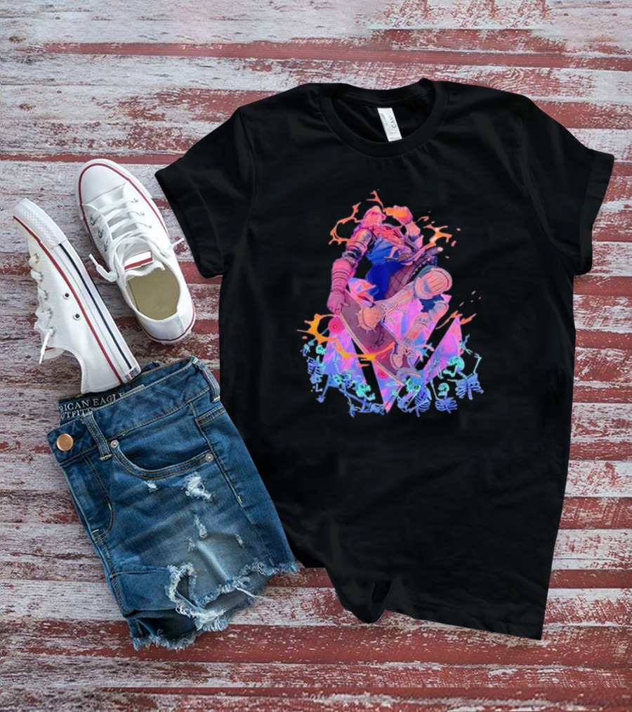 Skateboard Knight Neon Fantasy Warrior On Shredding Skeletons T-Shirt