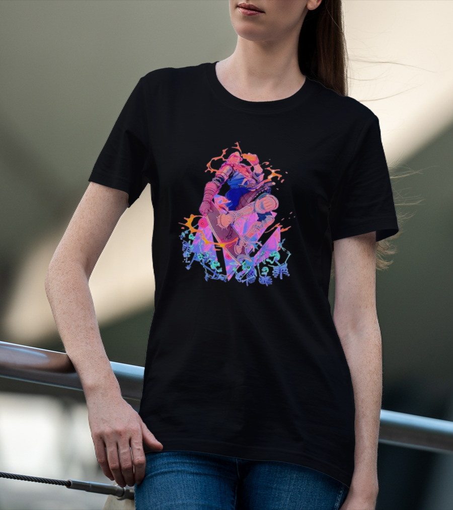 Skateboard Knight Neon Fantasy Warrior On Shredding Skeletons T-Shirt