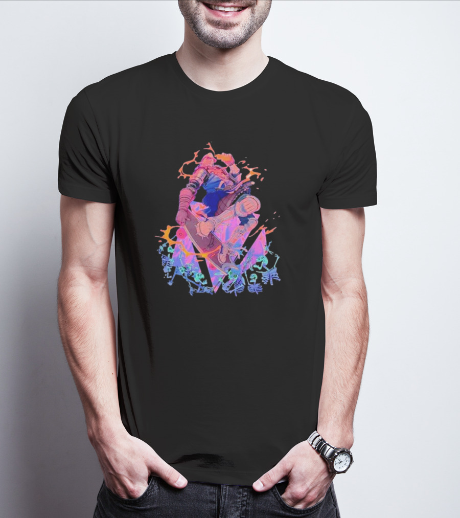 Skateboard Knight Neon Fantasy Warrior On Shredding Skeletons T-Shirt
