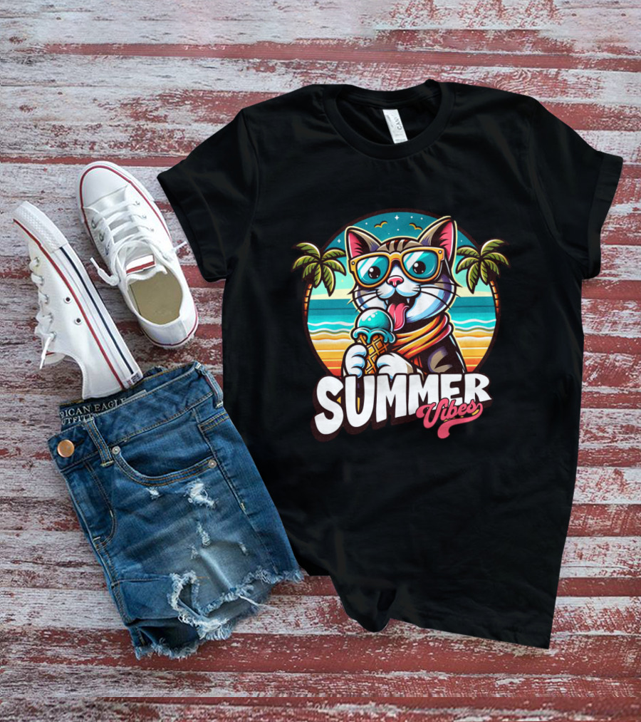 Summer Vibes Cat With Sunglasses And Ice Cream Ocean Sunset Palms T-Shirt