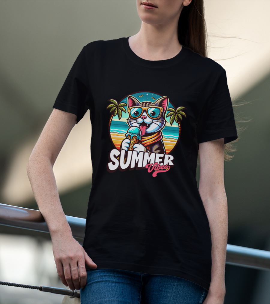 Summer Vibes Cat With Sunglasses And Ice Cream Ocean Sunset Palms T-Shirt