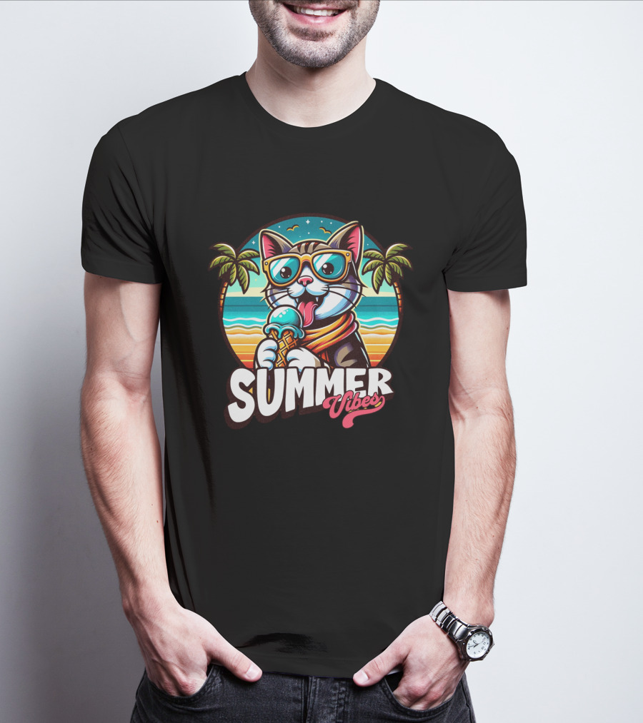 Summer Vibes Cat With Sunglasses And Ice Cream Ocean Sunset Palms T-Shirt