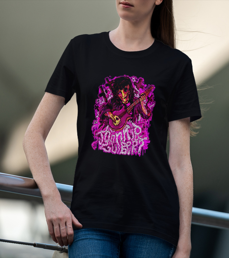 Zombie Johnnie Guilbert Playing Guitar With Purple Light And Crosses Background T-Shirt