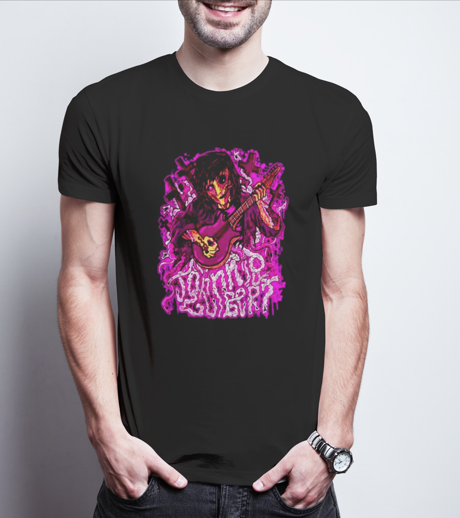 Zombie Johnnie Guilbert Playing Guitar With Purple Light And Crosses Background T-Shirt
