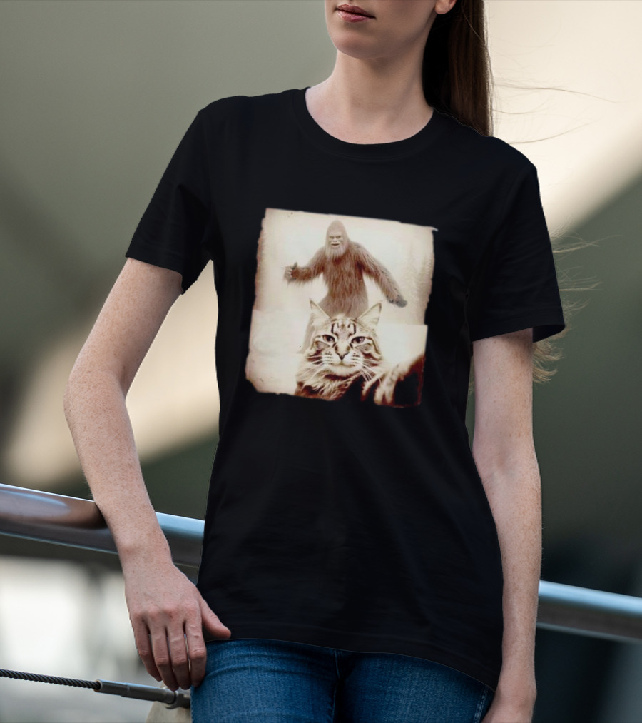 Cat Taking Selfie With Bigfoot In Snowy Forest Scene T-Shirt