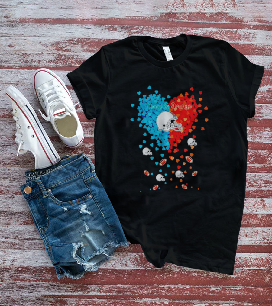 Aqua And Orange Miami Dolphins Hearts And Helmets Football T-Shirt