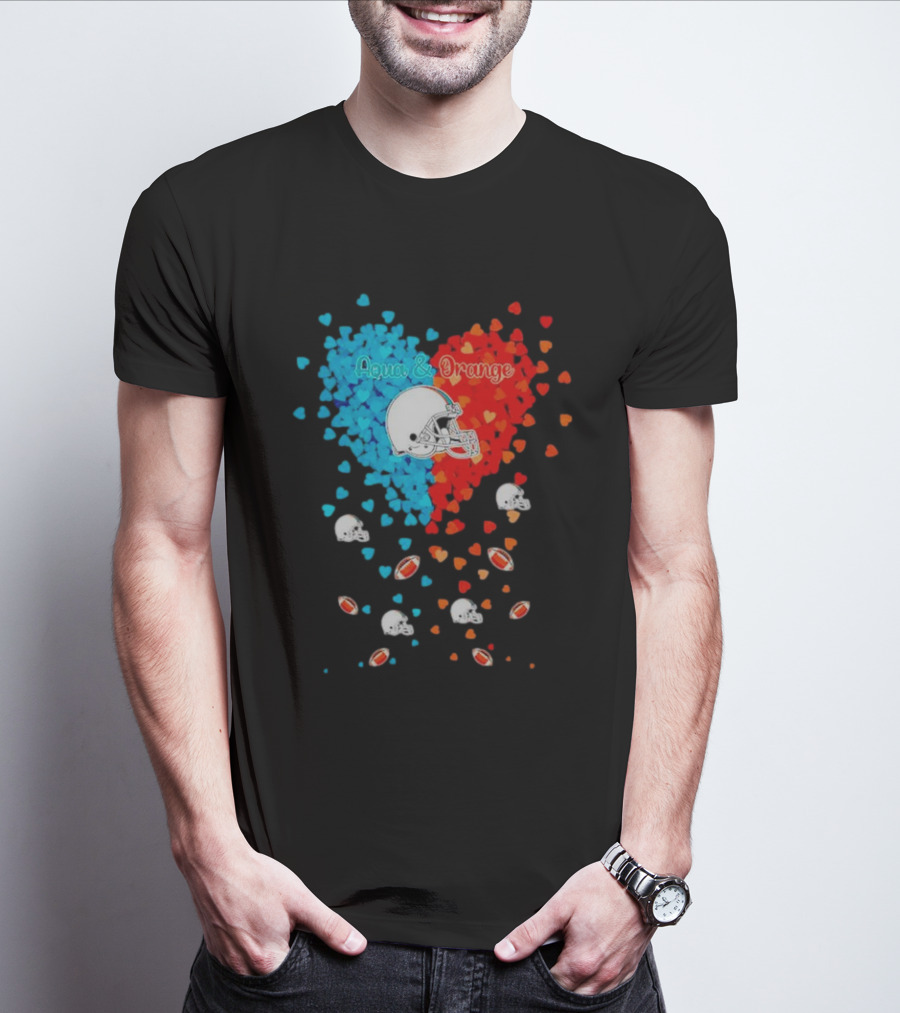 Aqua And Orange Miami Dolphins Hearts And Helmets Football T-Shirt
