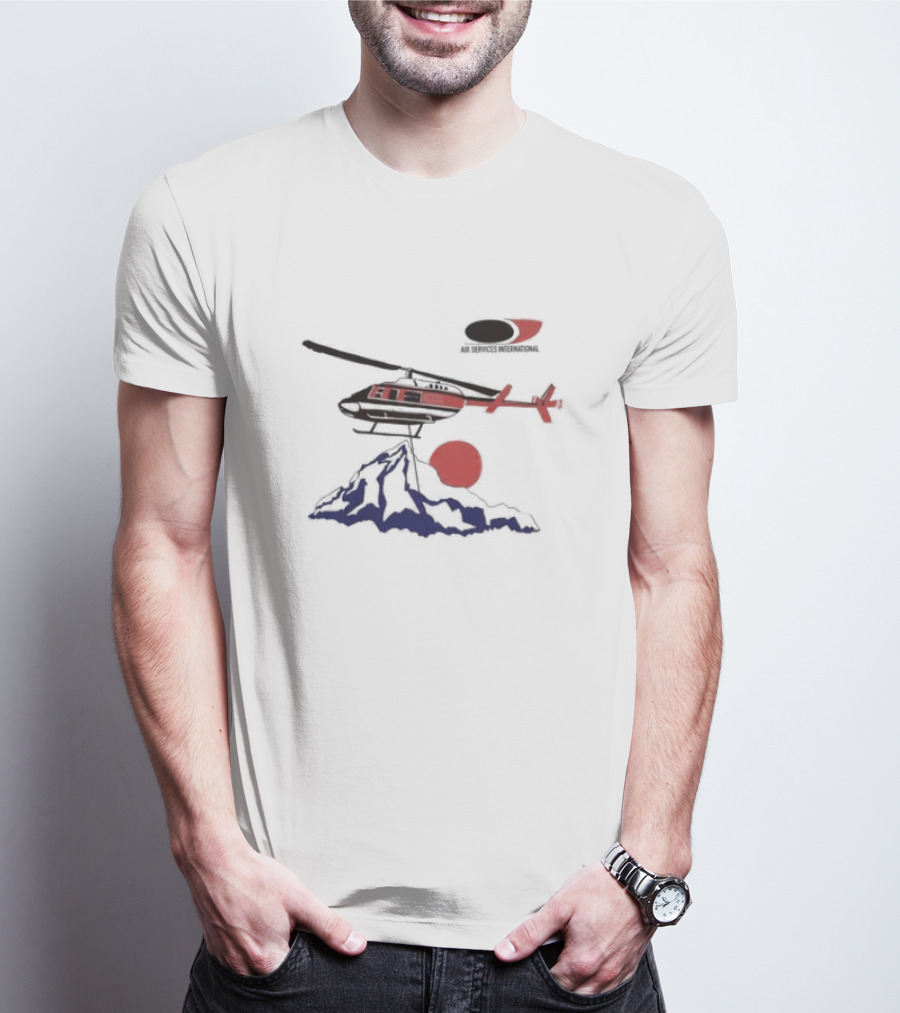 Air Services International Helicopter Over Mountain And Red Sun T-Shirt