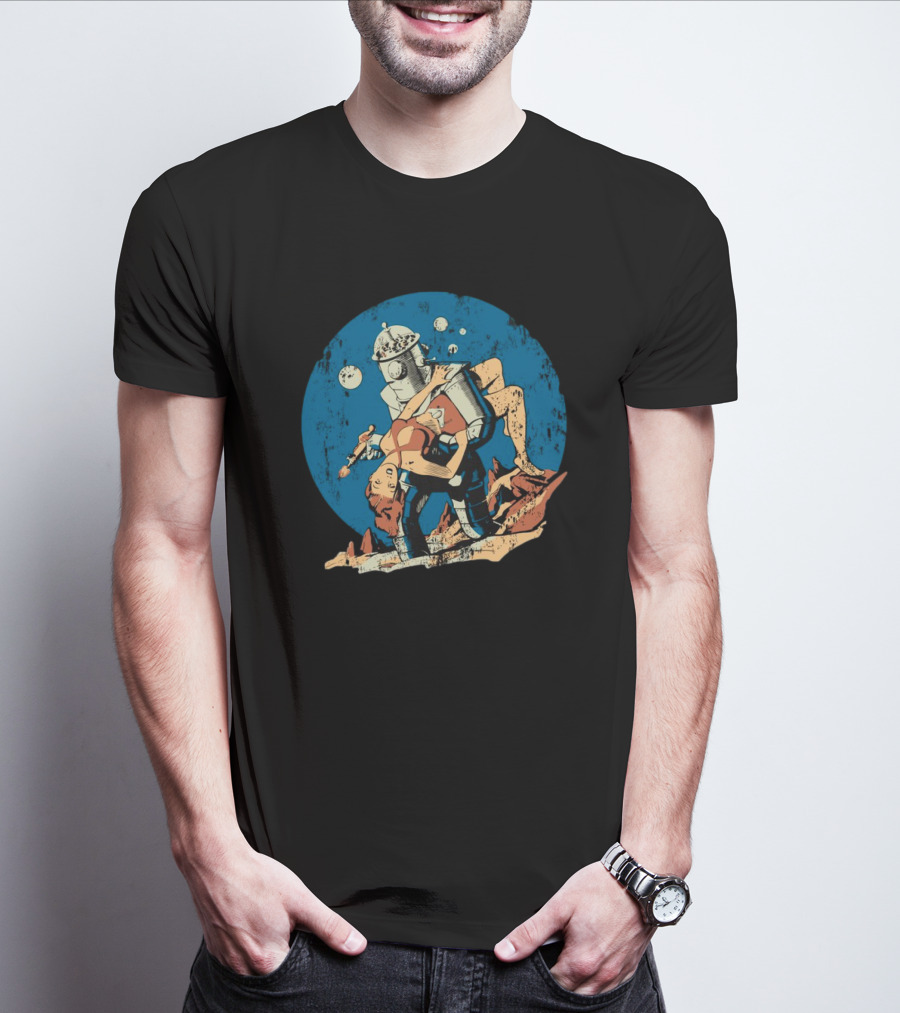 Damselindistress Retro Robot Romance Vintage Sci-Fi Space Adventure T-Shirt