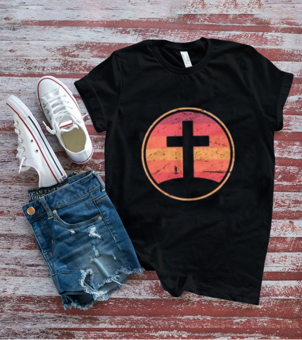 Retro Christian Cross Vintage Sunset On Champion T-Shirt