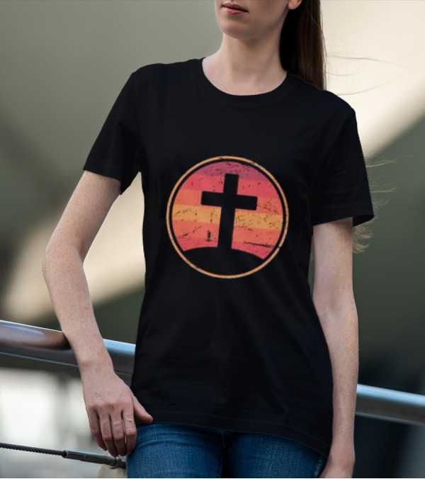 Retro Christian Cross Vintage Sunset On Champion T-Shirt