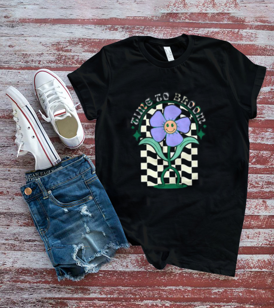 Time To Bloom Flower With Checkerboard Background And Smiley Face T-Shirt