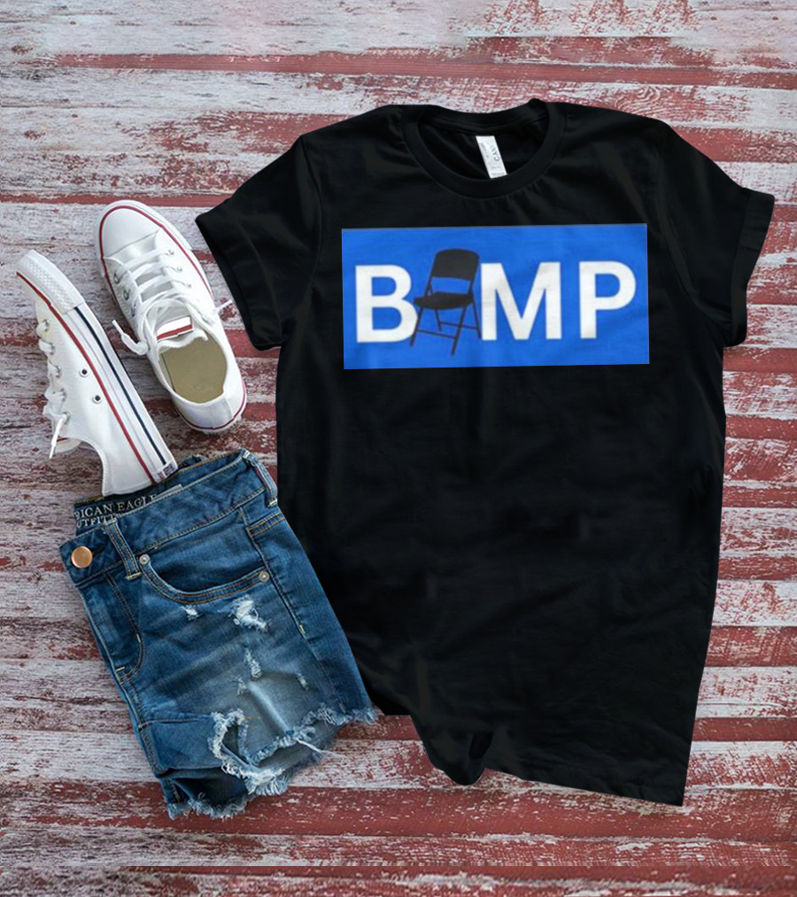 Bump Chair Logo With Folding Chair In Blue Block Letters T-Shirt