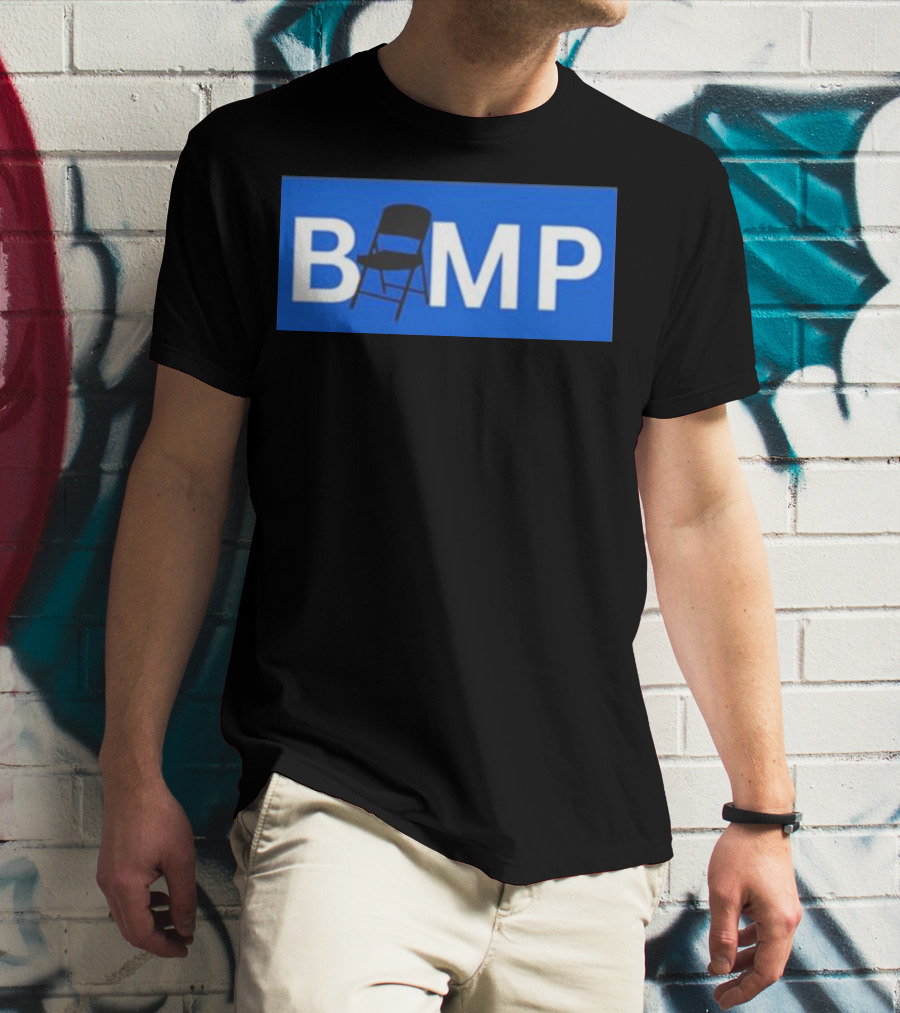 Bump Chair Logo With Folding Chair In Blue Block Letters T-Shirt
