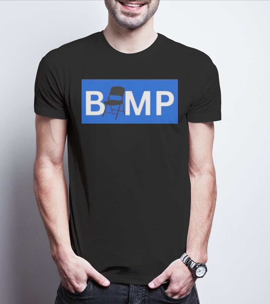 Bump Chair Logo With Folding Chair In Blue Block Letters T-Shirt