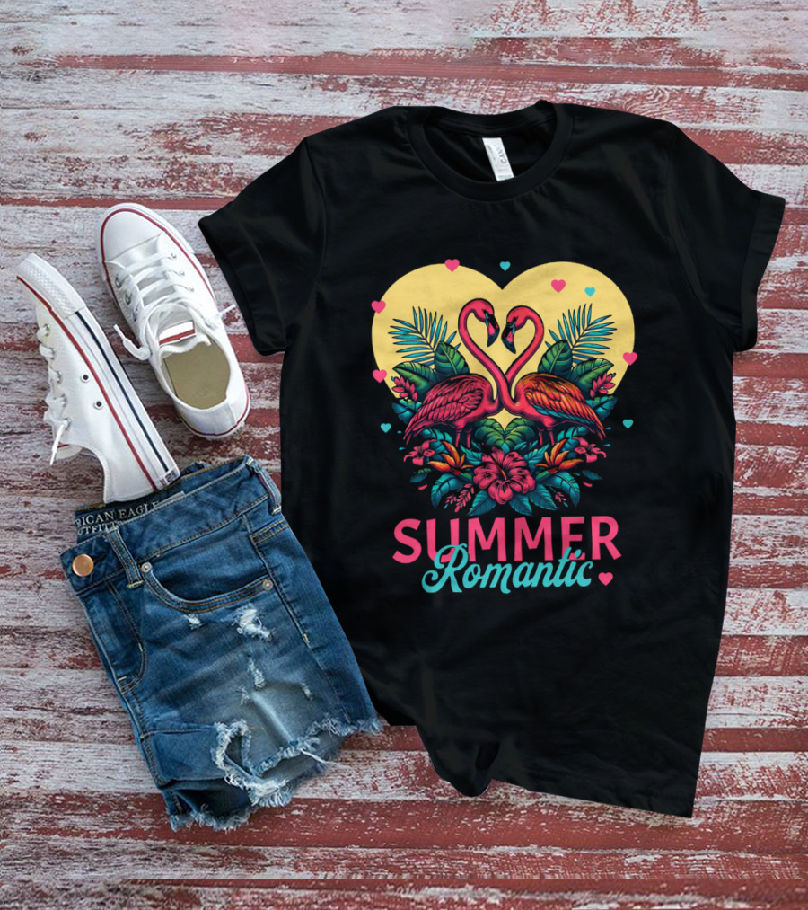 Summer Romantic Flamingo Birds Love Heart And Tropical Flowers T-Shirt