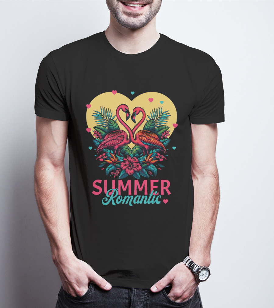 Summer Romantic Flamingo Birds Love Heart And Tropical Flowers T-Shirt