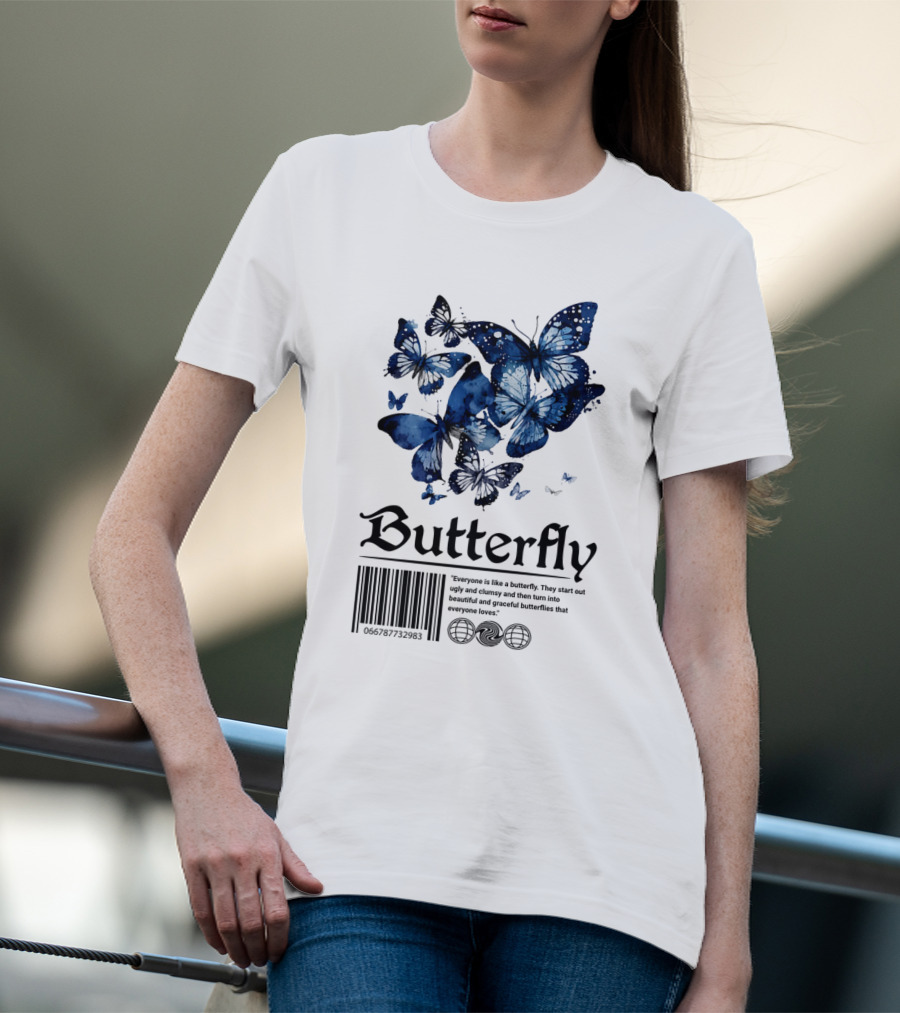 Butterfly Minimal Elegant Blue Watercolor Theme With Graceful Quote And Barcode T-Shirt