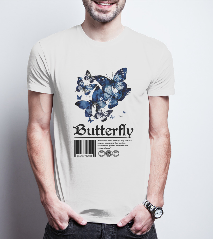 Butterfly Minimal Elegant Blue Watercolor Theme With Graceful Quote And Barcode T-Shirt