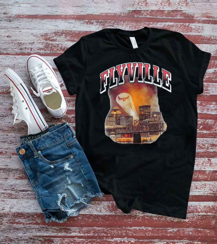 Flyville Skyline With Spotlight Logo Over City Bridge T-Shirt